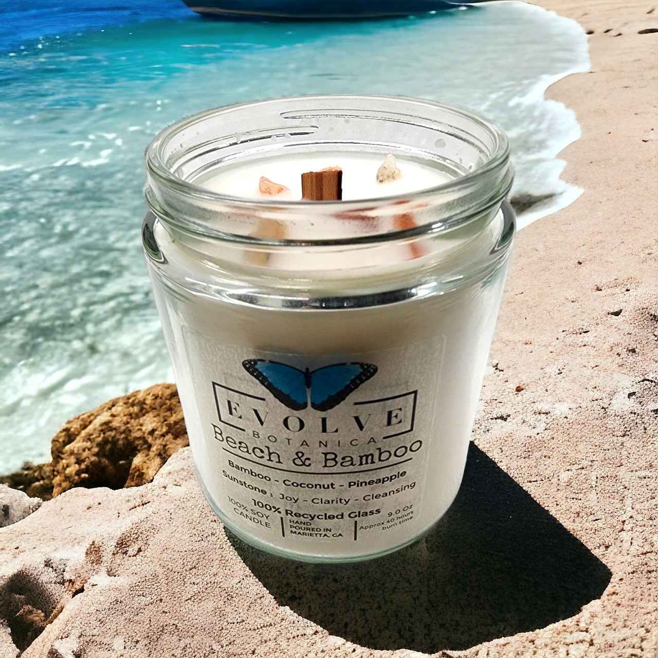 Classic 9oz Jam Jar Crystal Soy Candle - Beach & Bamboo (Sunstone)