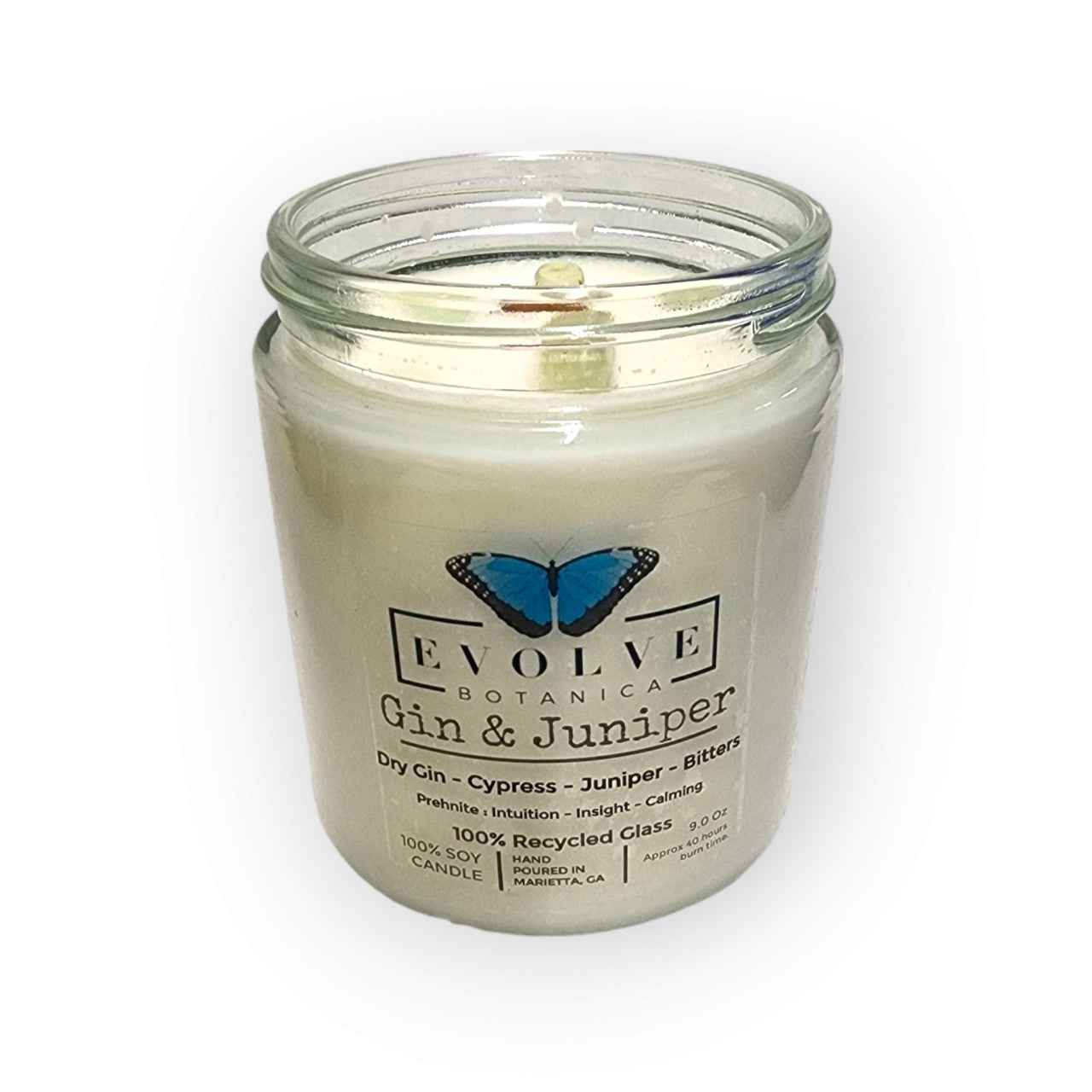 Classic 9oz Jam Jar Crystal Soy Candle - Gin & Juniper (Prehnite)