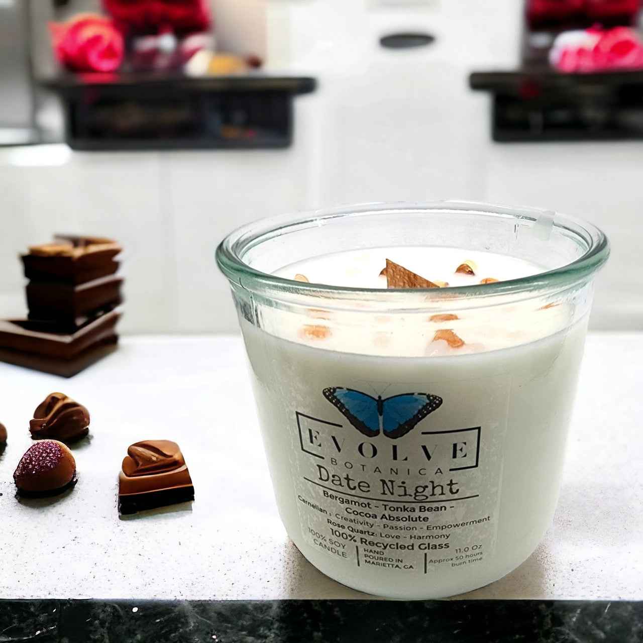 Rocks Candle - Date Night (Wood Wick Rose Quartz & Carnelian Gemstone Soy Candle)