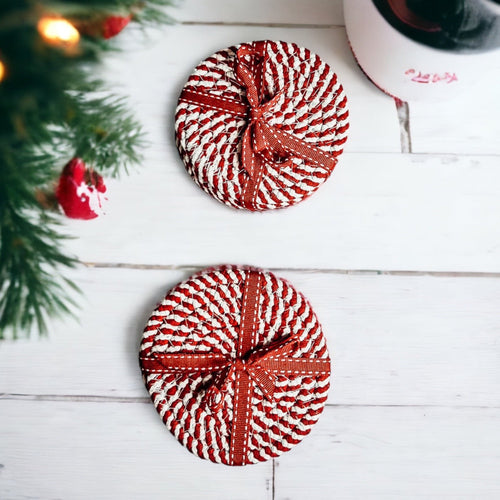 Braided Cotton Coasters 4-Pack - Candy Cane Stripe Pattern (Black, Red or Blue)