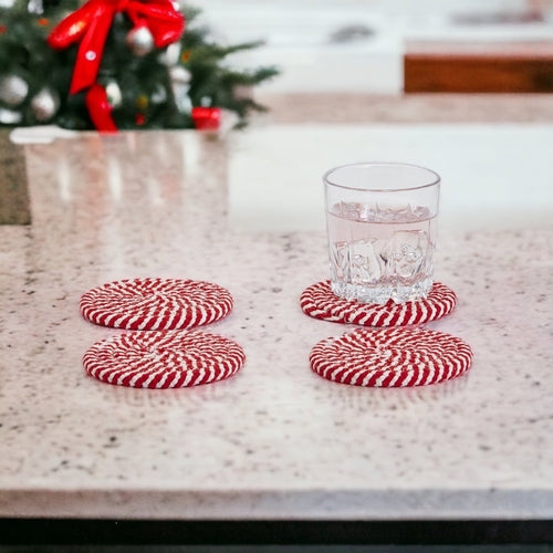 Braided Cotton Coasters 4-Pack - Candy Cane Stripe Pattern (Black, Red or Blue)