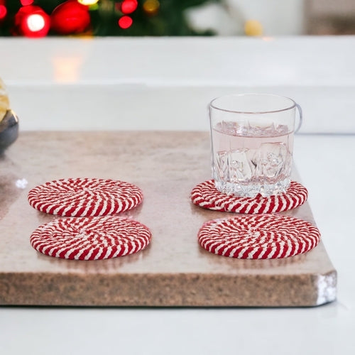 Braided Cotton Coasters 4-Pack - Candy Cane Stripe Pattern (Black, Red or Blue)