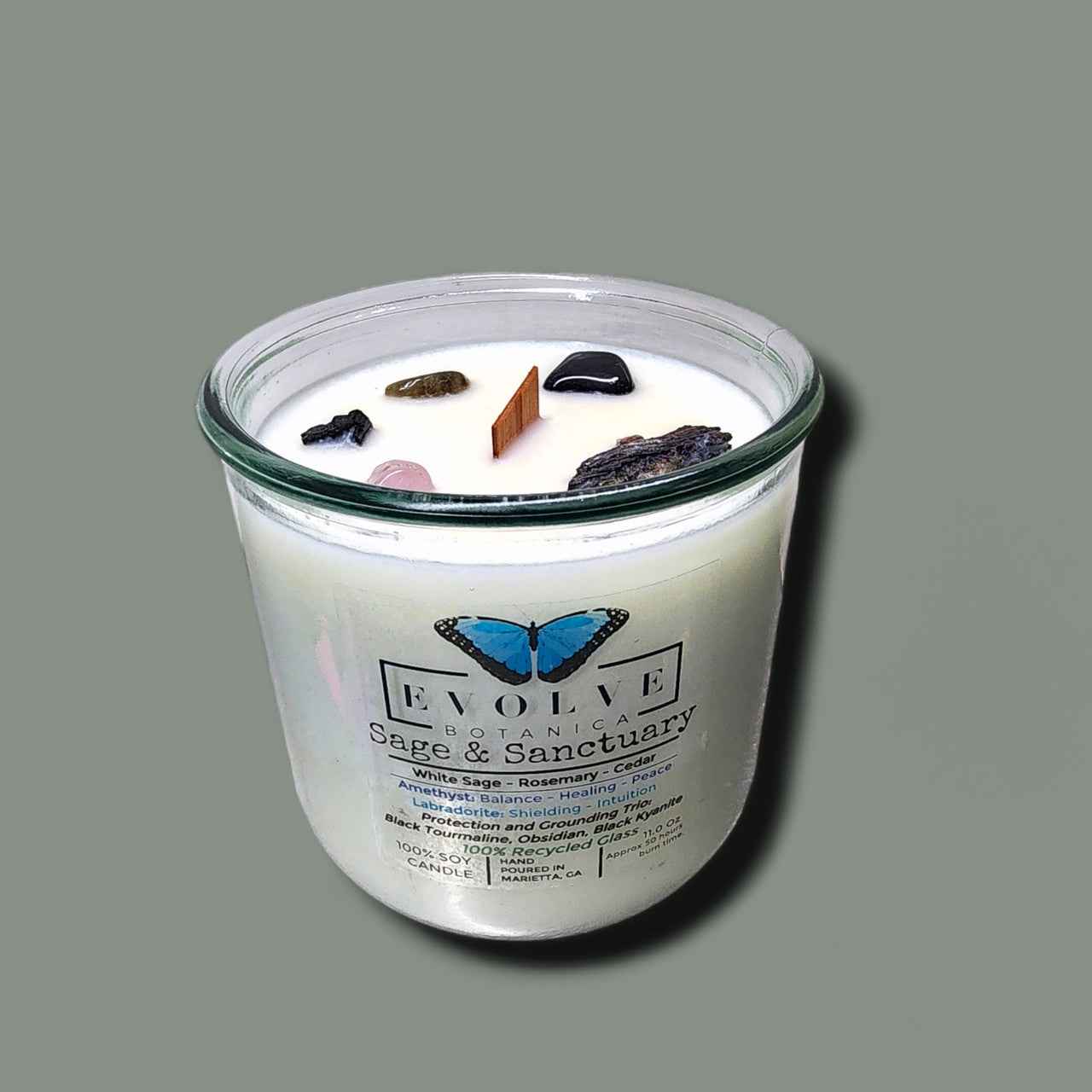 Rocks Candle - Sage & Sanctuary (Black Kyanite, Black Tourmaline, Obsidian, Amethyst, Labradorite)