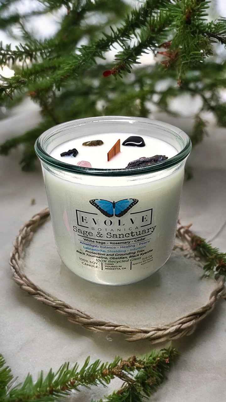 Rocks Candle - Sage & Sanctuary (Black Kyanite, Black Tourmaline, Obsidian, Amethyst, Labradorite)