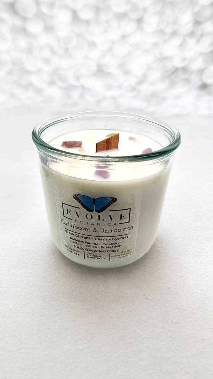 Rocks Candle - Rainbows & Unicorns (Wood Wick Rainbow Fluorite Gemstone Soy Candle)