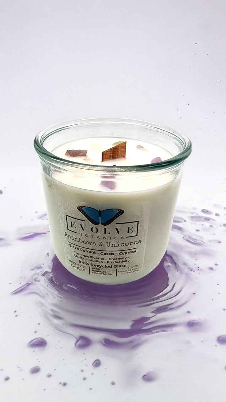 Rocks Candle - Rainbows & Unicorns (Wood Wick Rainbow Fluorite Gemstone Soy Candle)