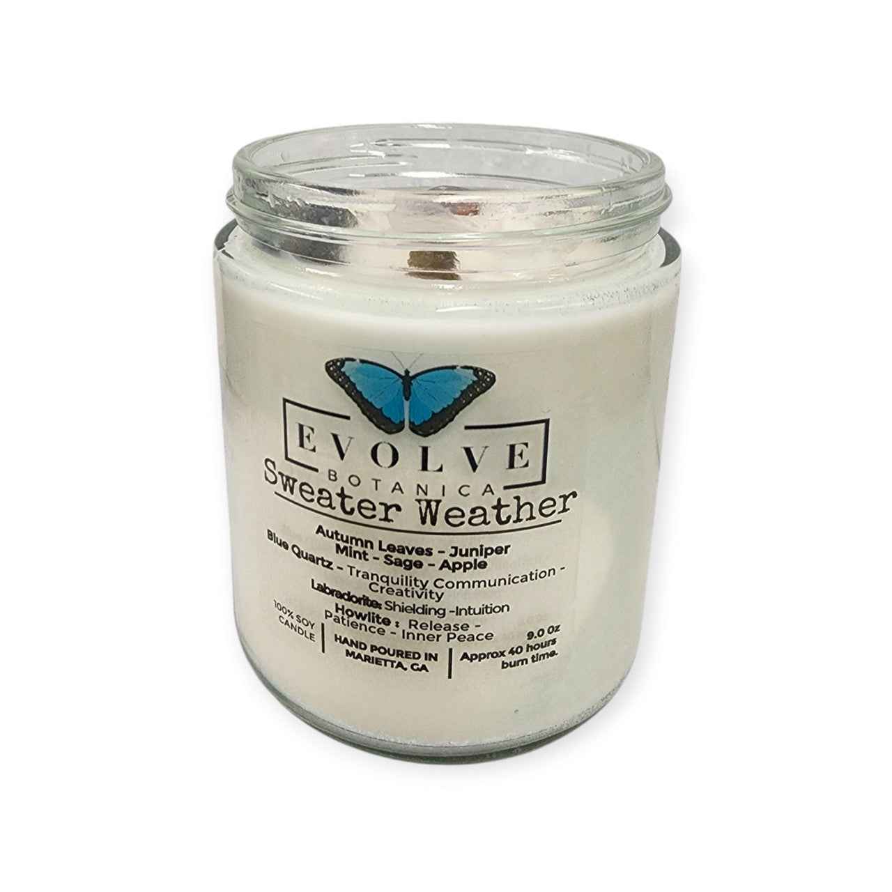 Classic 9oz Jam Jar Crystal Soy Candle - Sweater Weather (Howlite & Labradorite)
