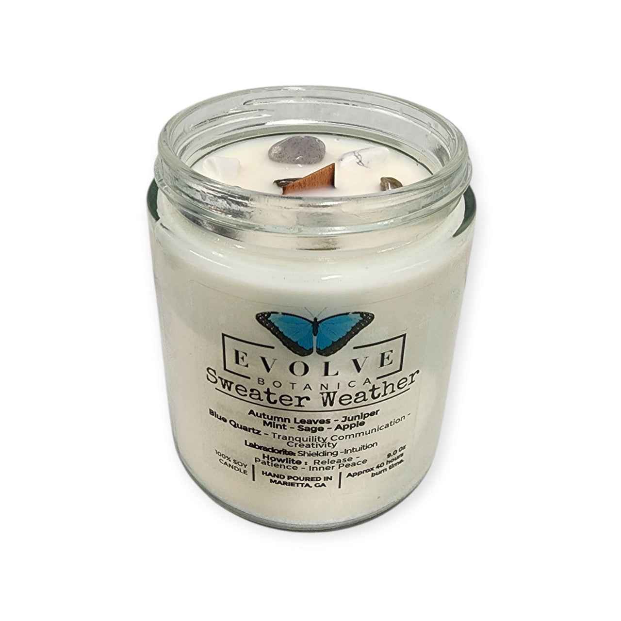 Classic 9oz Jam Jar Crystal Soy Candle - Sweater Weather (Howlite & Labradorite)