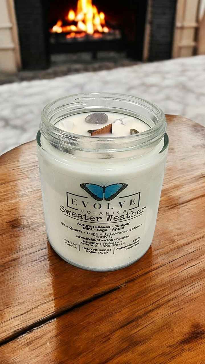 Classic 9oz Jam Jar Crystal Soy Candle - Sweater Weather (Howlite & Labradorite)