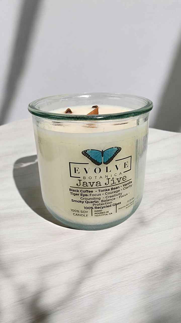 Rocks Candle - Java Jive (Wood Wick Tiger Eye & Smoky Quartz Gemstone Soy Candle)