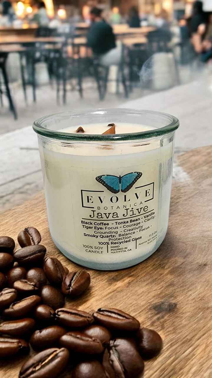 Rocks Candle - Java Jive (Wood Wick Tiger Eye & Smoky Quartz Gemstone Soy Candle)