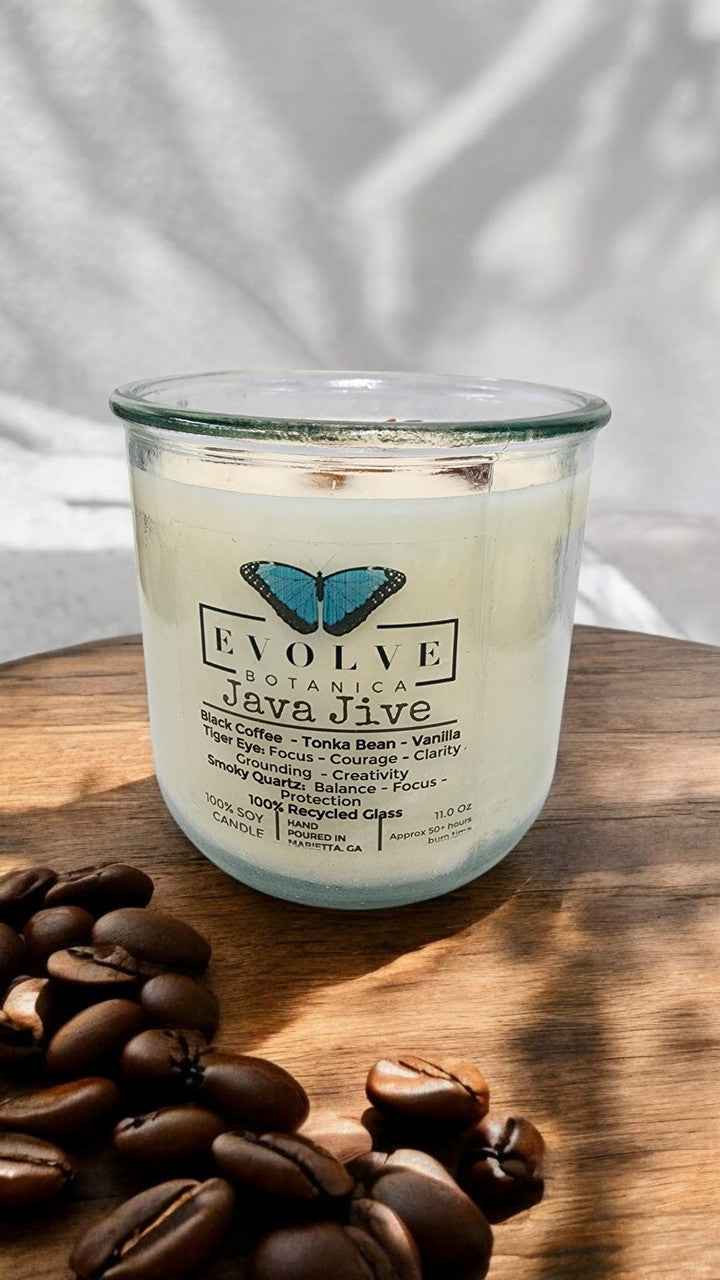 Rocks Candle - Java Jive (Wood Wick Tiger Eye & Smoky Quartz Gemstone Soy Candle)