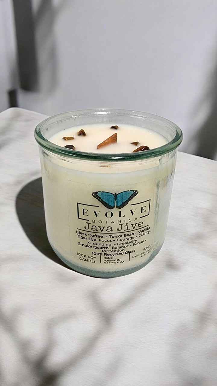 Rocks Candle - Java Jive (Wood Wick Tiger Eye & Smoky Quartz Gemstone Soy Candle)