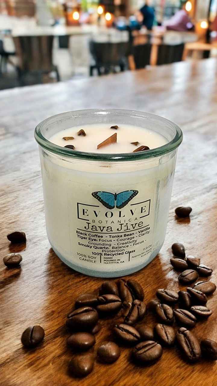 Rocks Candle - Java Jive (Wood Wick Tiger Eye & Smoky Quartz Gemstone Soy Candle)