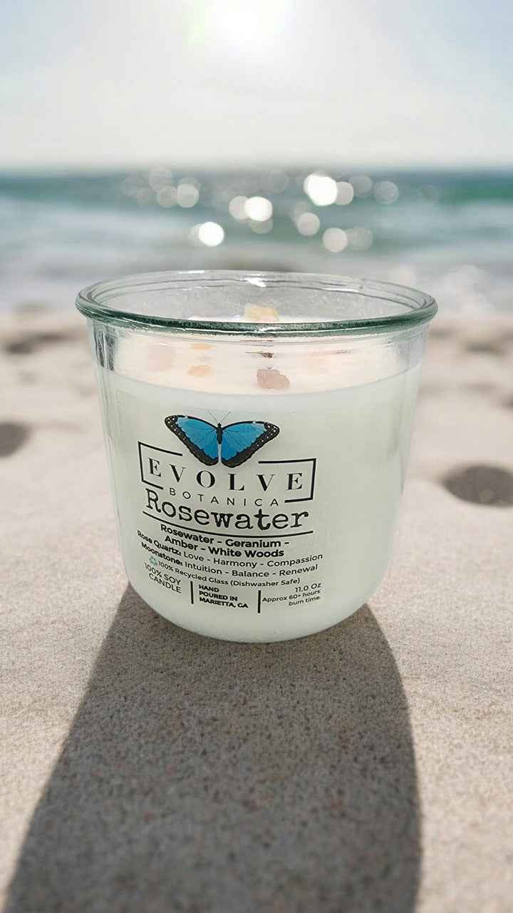 Rocks Candle - Rosewater (Wood Wick, Rose Quartz (Love, Harmony), Moonstone (Intuition, Growth), Soy Candle)