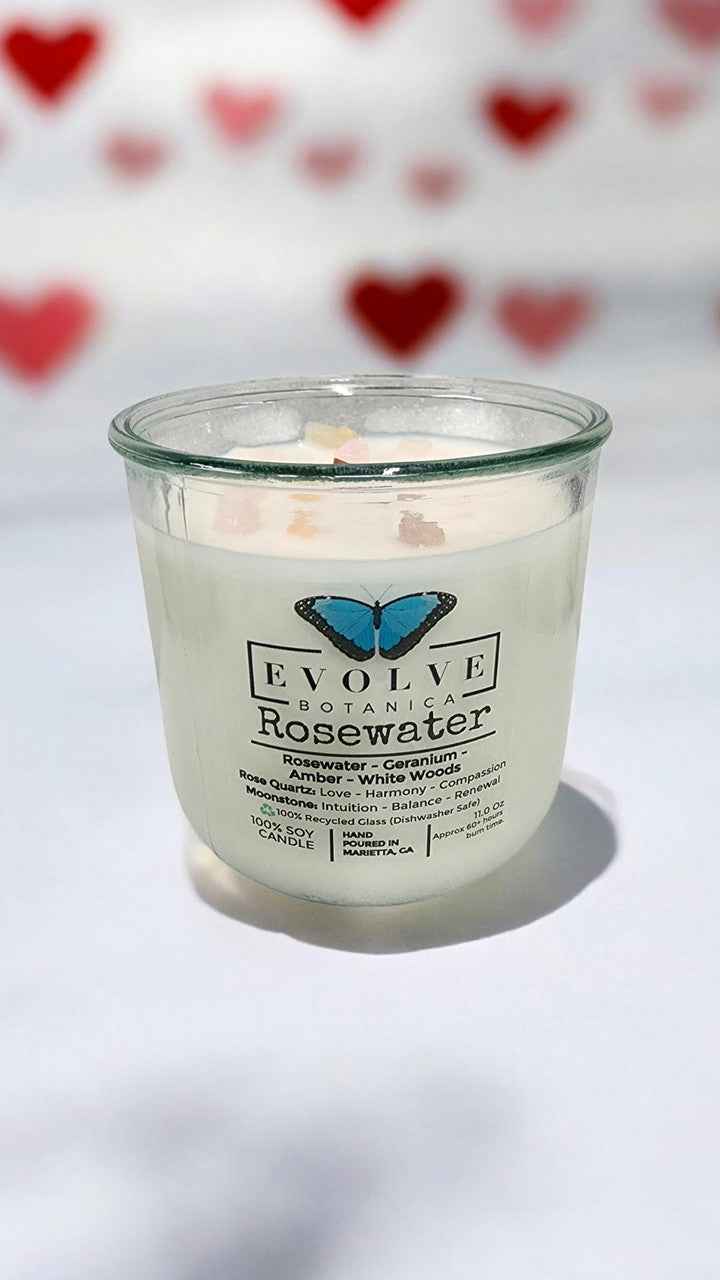 Rocks Candle - Rosewater (Wood Wick, Rose Quartz (Love, Harmony), Moonstone (Intuition, Growth), Soy Candle)