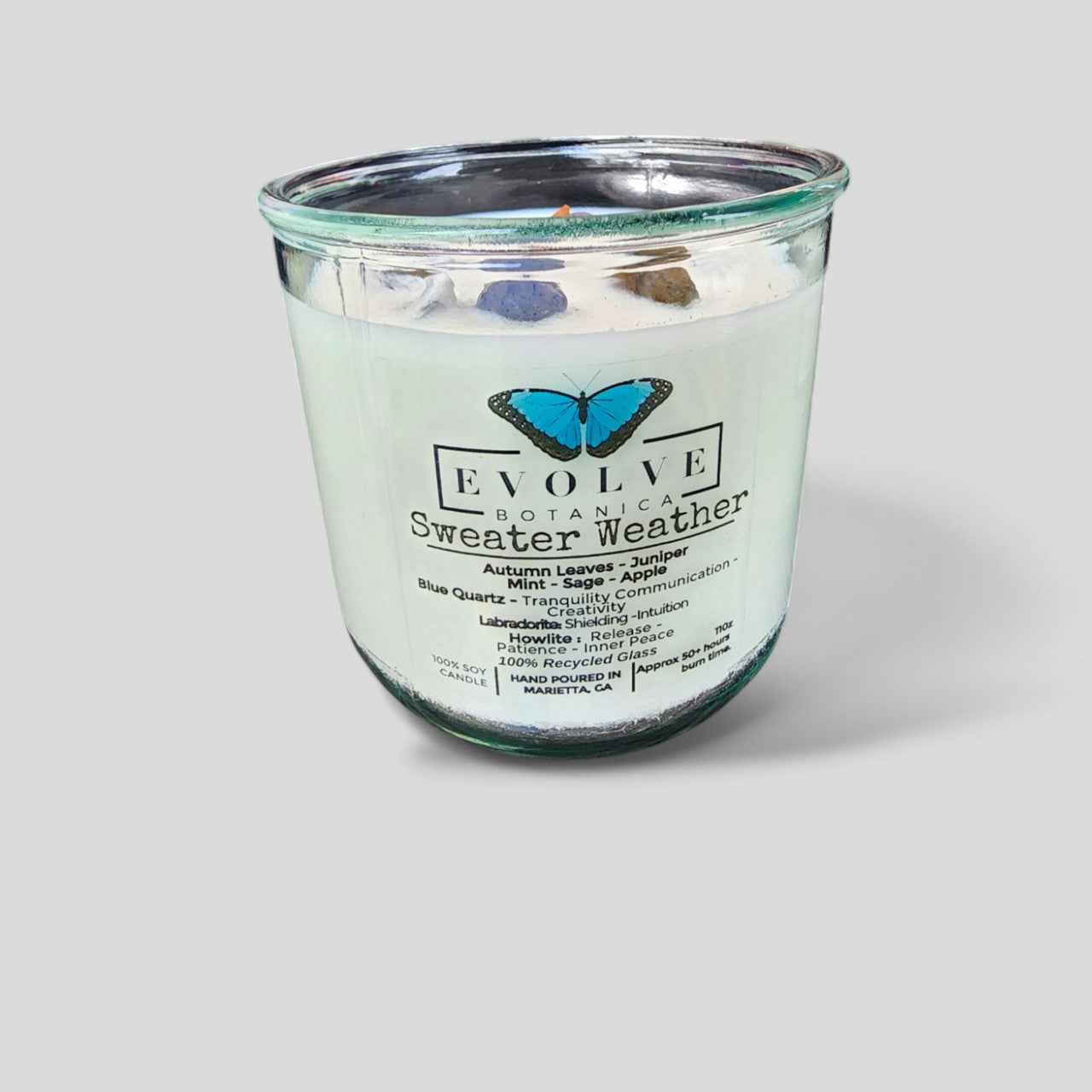 Rocks Candle - Sweater Weather (Wood Wick, Howlite (Patience, Peace), Labradorite (Shielding, Intuition), Sodalite (Nurturing, Awareness), Soy Candle)