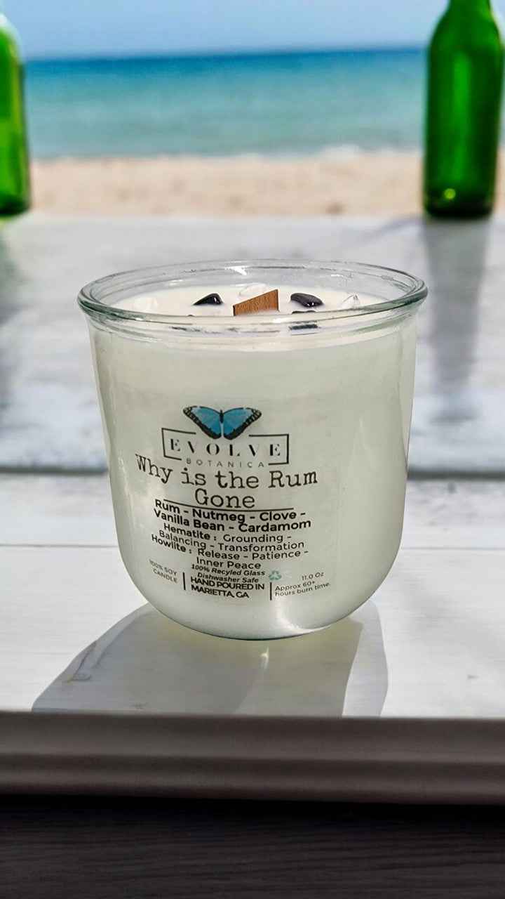 Rocks Candle - Why Is The Rum Gone? (Wood Wick, Hematite (Grounding, Balancing, Transformation), Howlite (Release, Patience, Inner Peace)