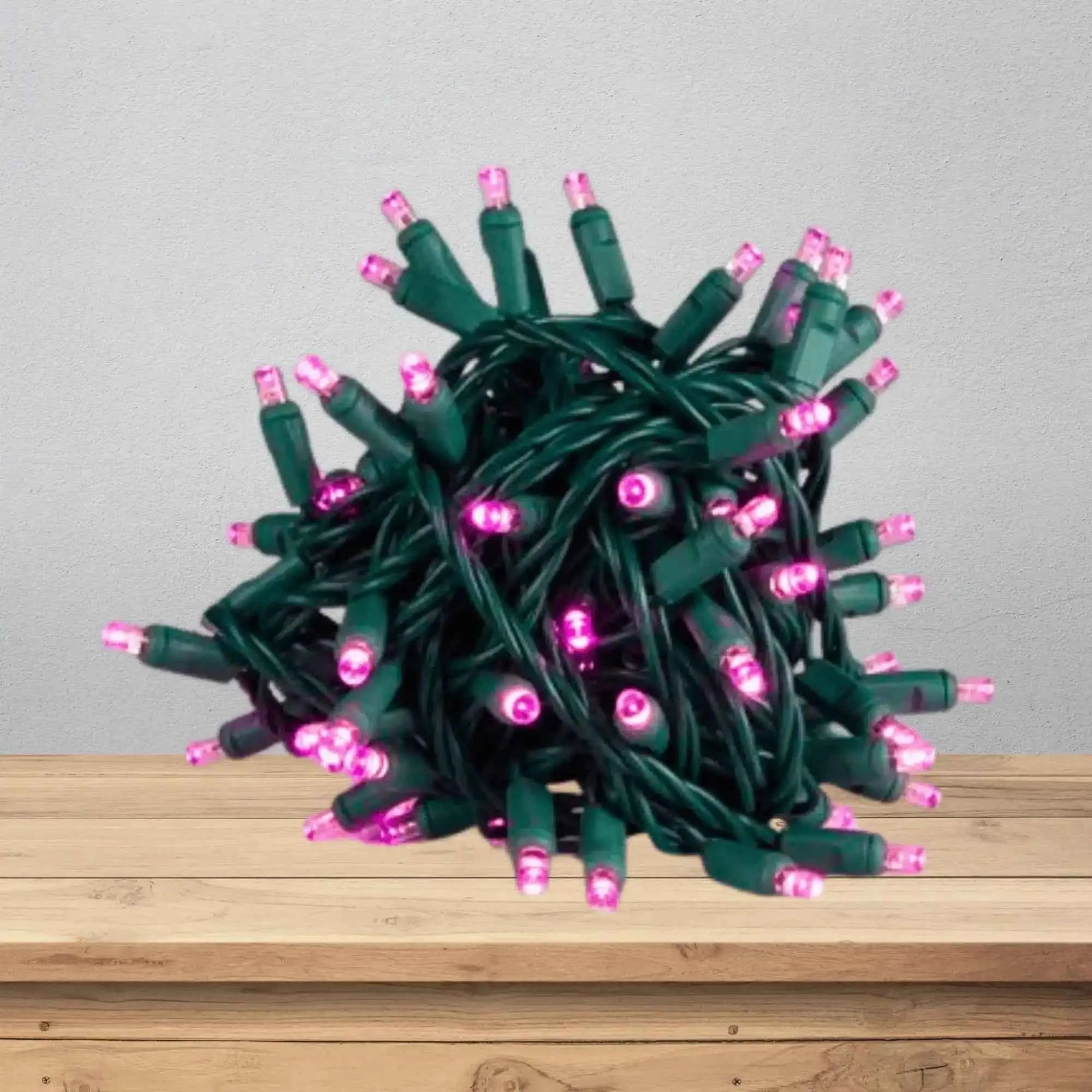 LED Mini Lights 5MM Pink Static Green Wire 6" Spacing