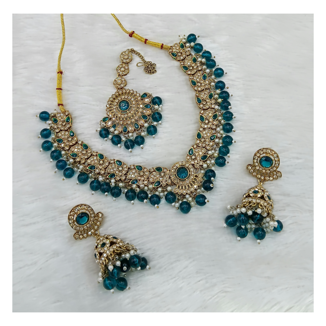 Joban Fashion Teal Blue Stone Work Necklace Set