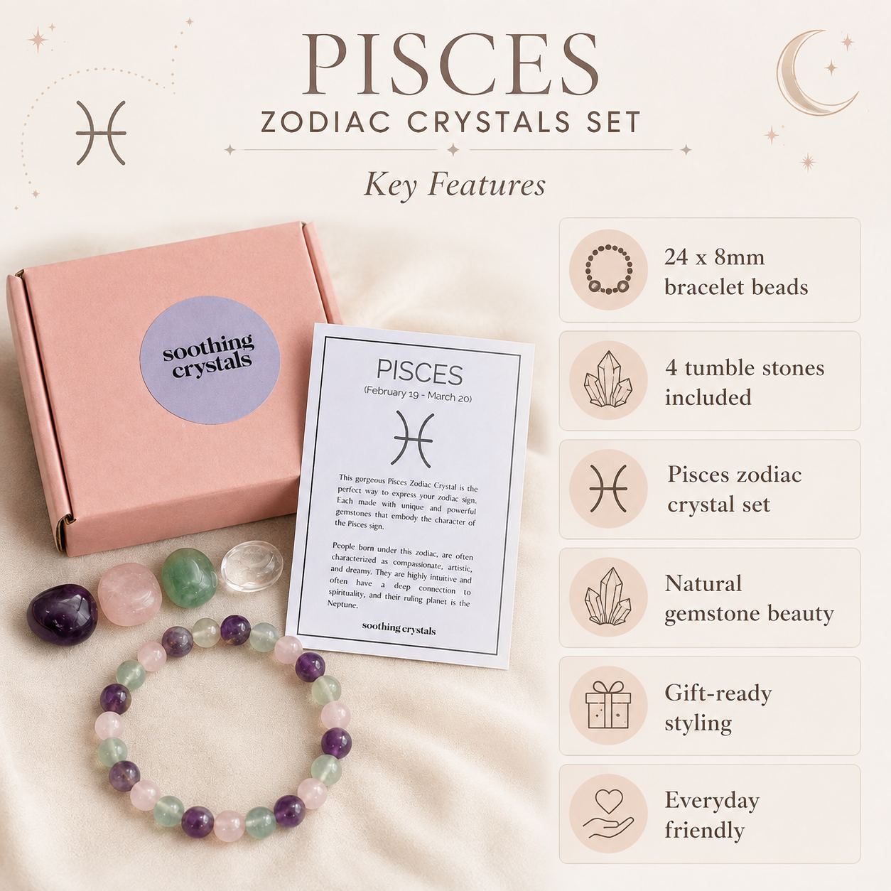 PISCES Zodiac Crystal Kit, Pisces Birthstones Tumbled Stones Set, Pisces Gifts DestGlow