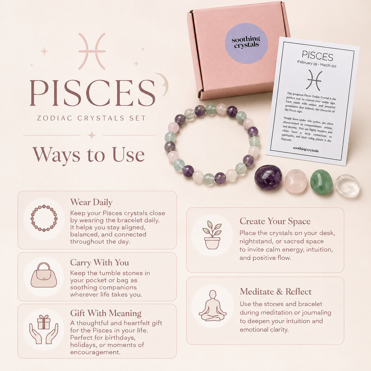 PISCES Zodiac Crystal Kit, Pisces Birthstones Tumbled Stones Set, Pisces Gifts DestGlow