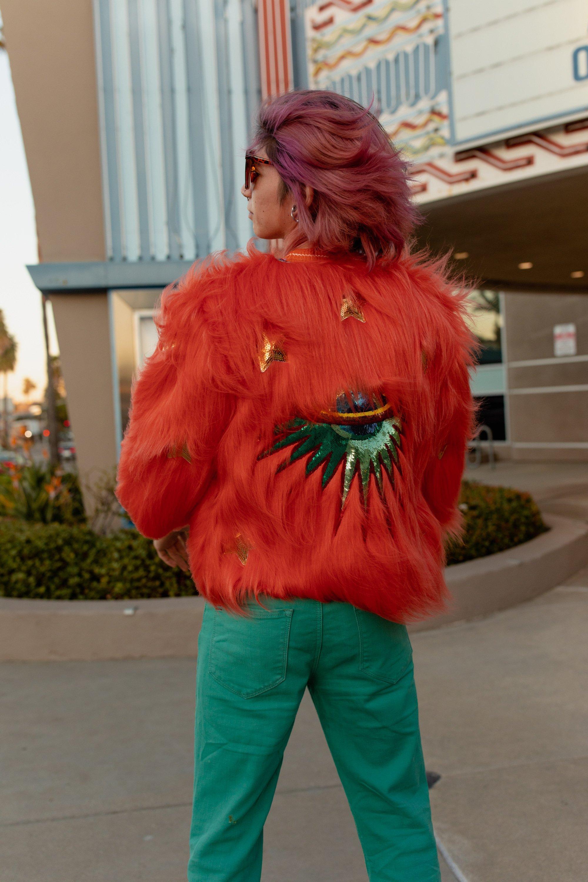 Planet Queen Orange Faux Fur Jacket by Jennafer Grace