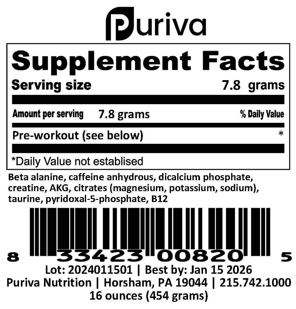 Pre-Workout powder, 1 pound, Puriva Nutrition