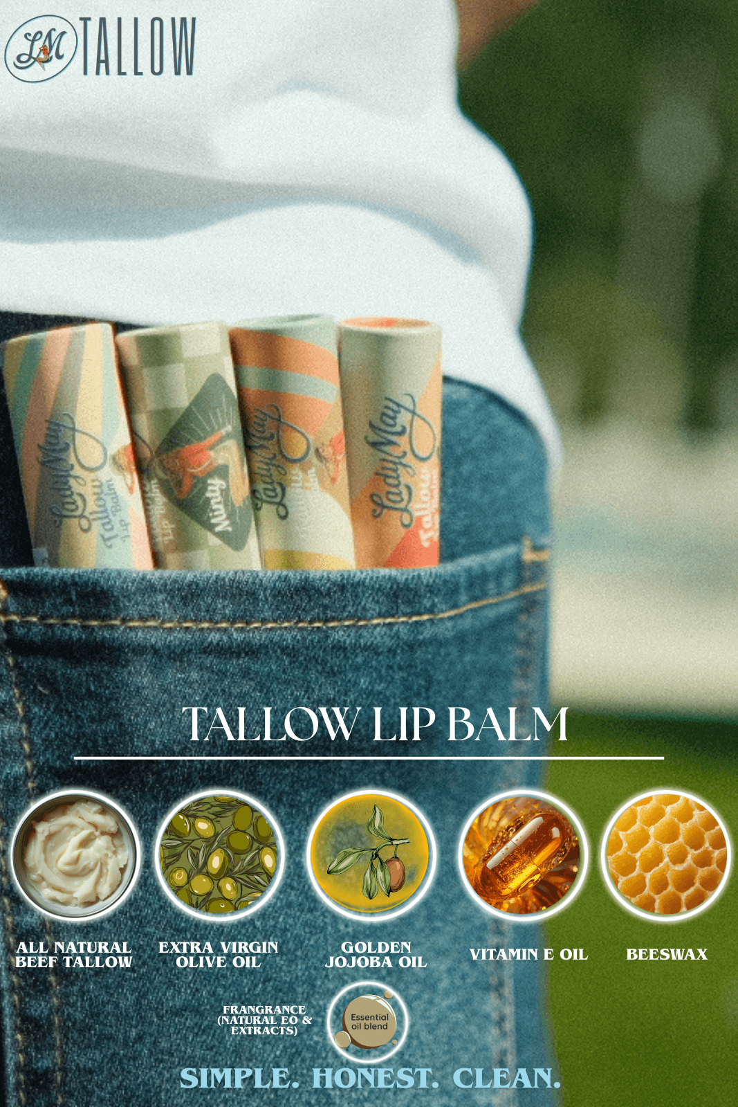Tallow Lip Balm - CHOOSE A FLAVOR - Natural Beef Tallow Lip Moisturizer with Beeswax & Jojoba Oil by The Lady May