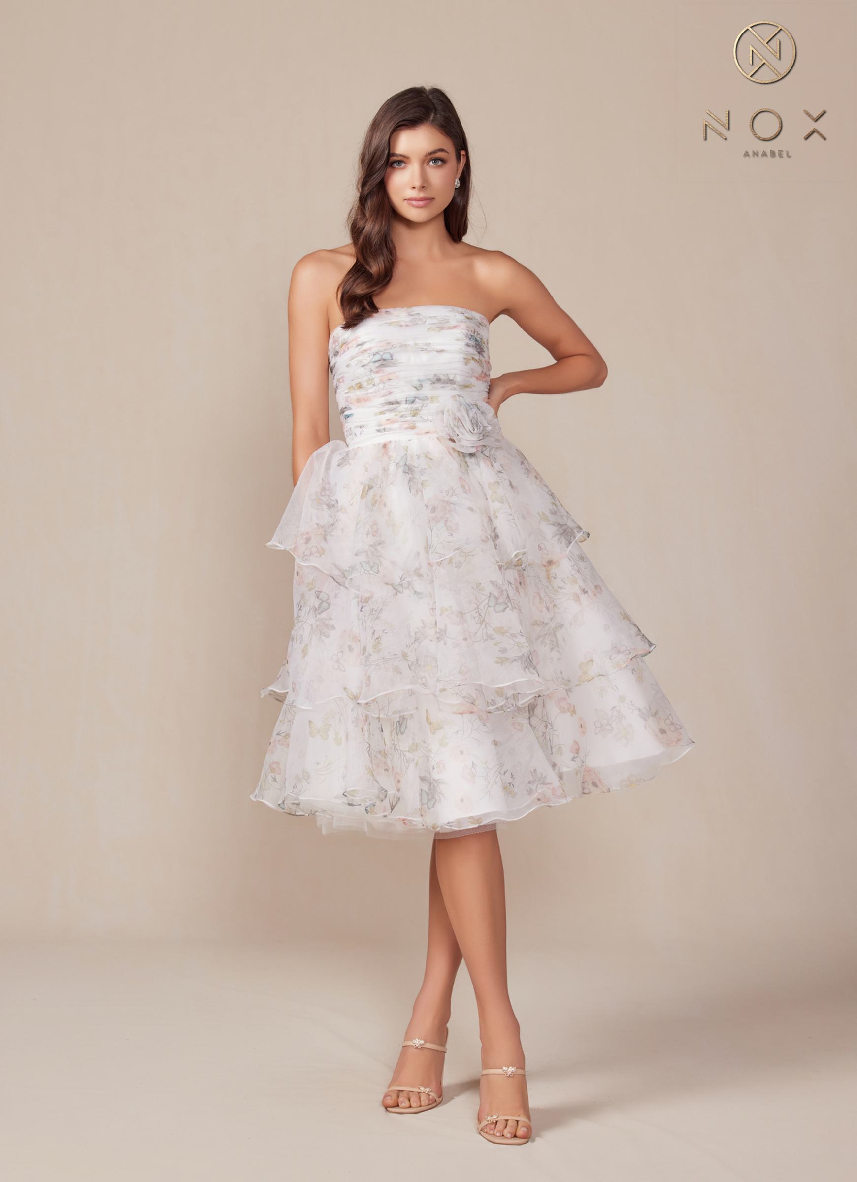 Nox Anabel Q842 Floral Print A-Line Tea Length Dress by DiscountDressShop