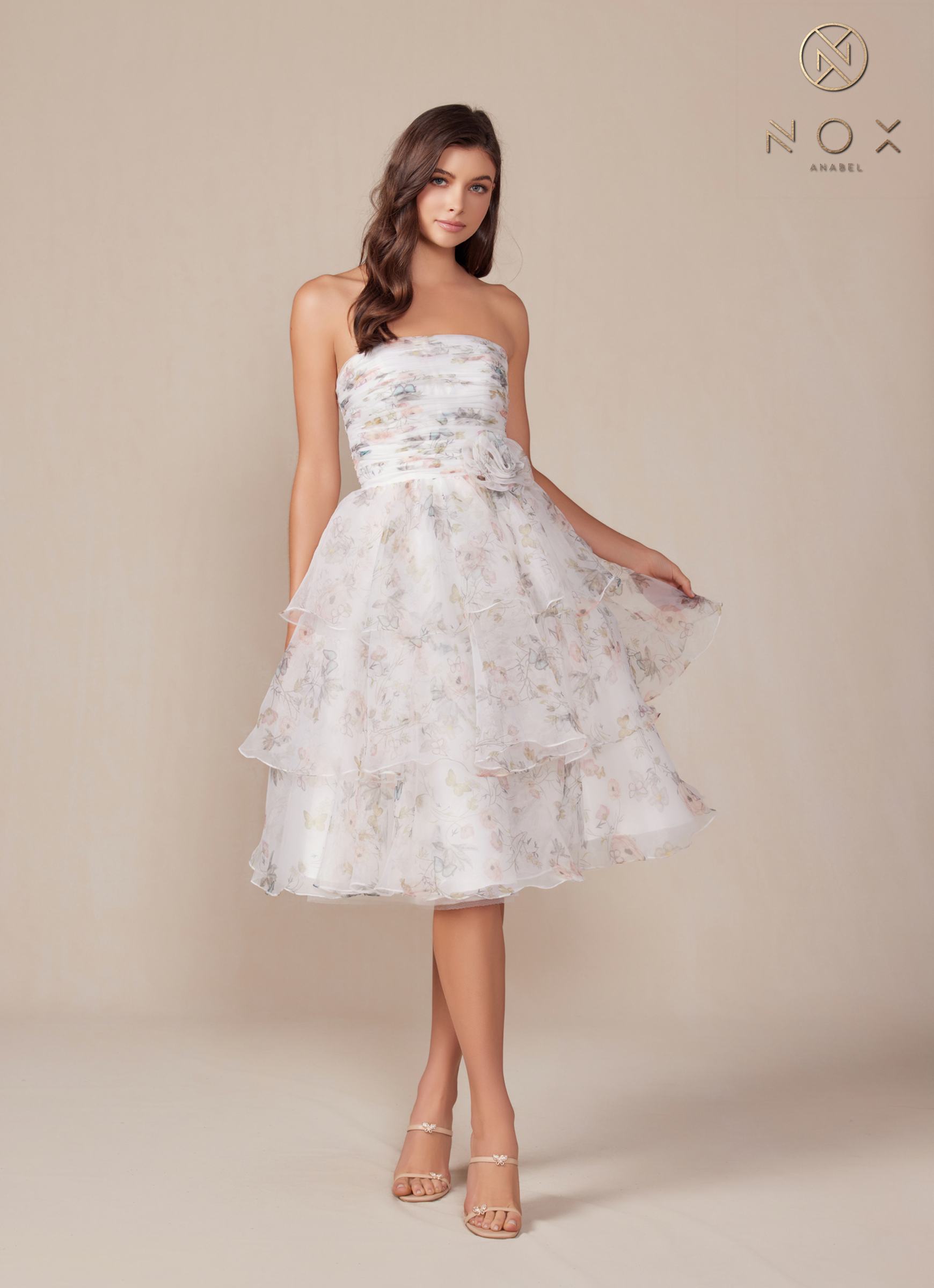 Nox Anabel Q842 Floral Print A-Line Tea Length Dress by DiscountDressShop