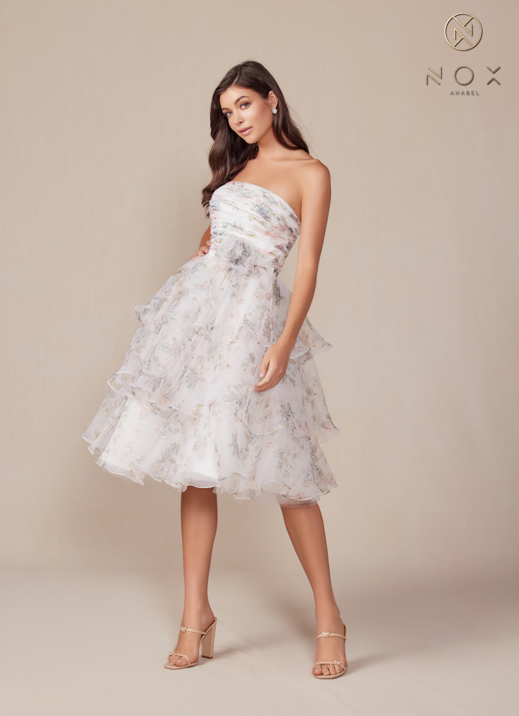 Nox Anabel Q842 Floral Print A-Line Tea Length Dress by DiscountDressShop