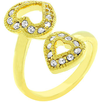 Avera Dual Pave Hearts Ring in Polished Gold Finish