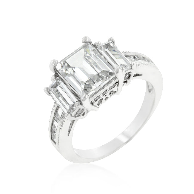 Avera Emerald Cut Triplet Engagement Ring In Silver Tone