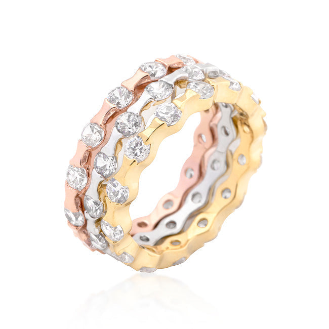 Avera Tri-tone Stackable Rings In 18k Rose Gold Plated Finish
