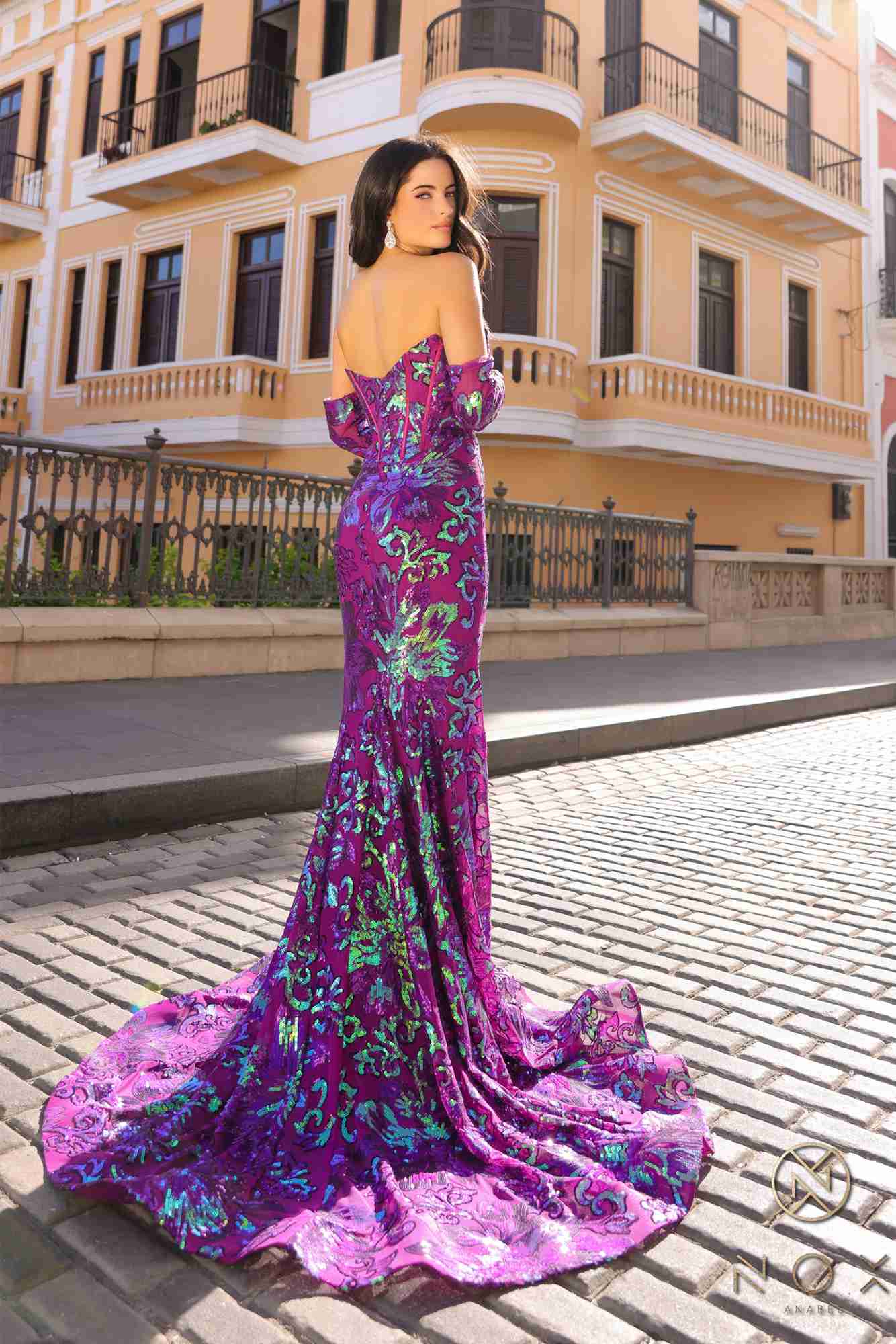 Nox Anabel R1268 Fitted Strapless Flower Design Sequin Gown with Matching Sleeves by DiscountDressShop