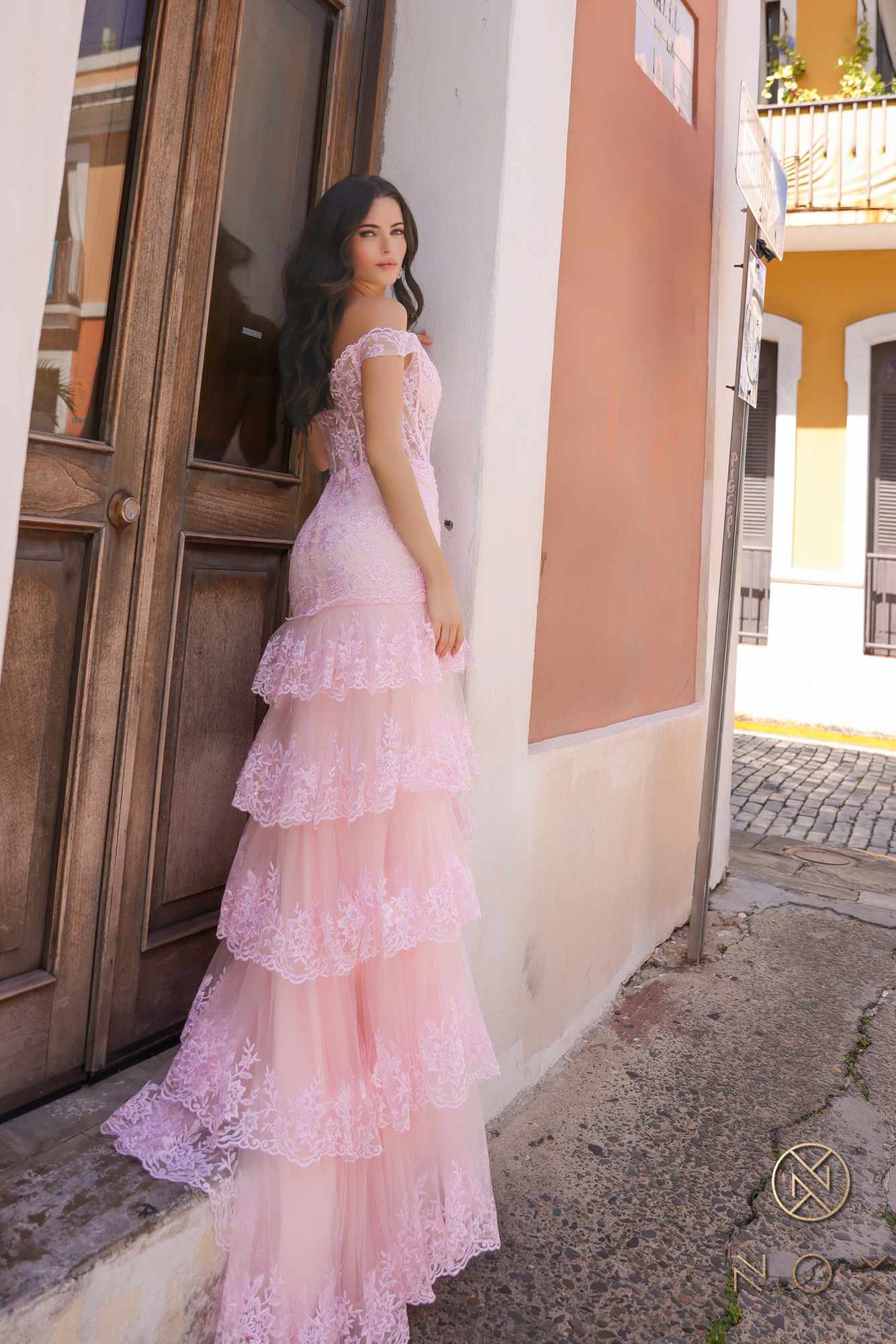 Nox Anabel R1301 Long Layered Tiered Skirt Off Shoulder Corset Dress by DiscountDressShop