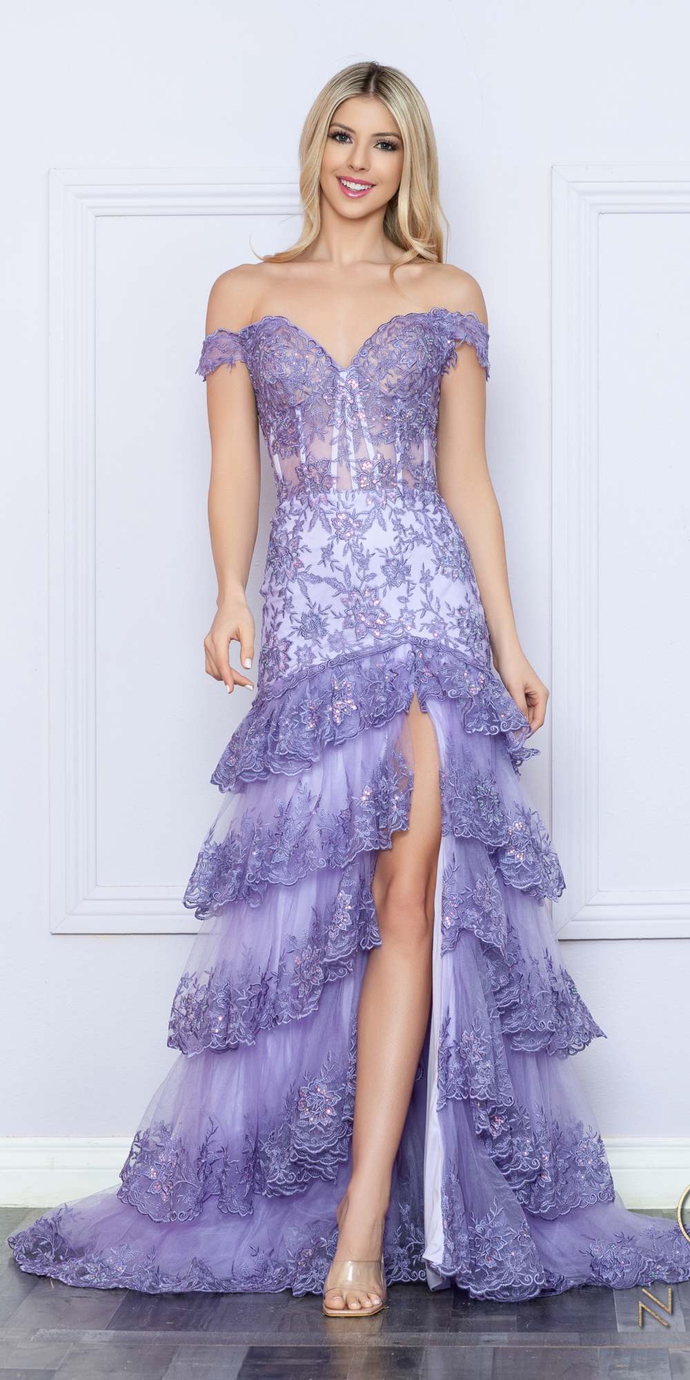 Nox Anabel R1301 Long Layered Tiered Skirt Off Shoulder Corset Dress by DiscountDressShop
