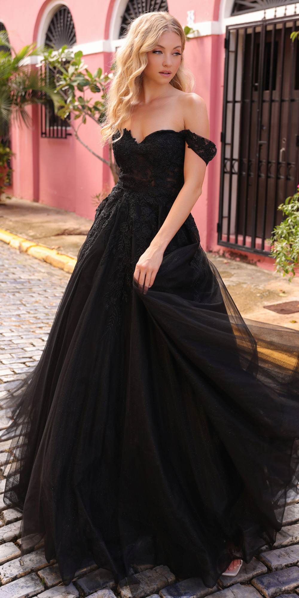 Nox Anabel R1303 Long Off the Shoulder Sweetheart Tulle A-Line Gown DestGlow