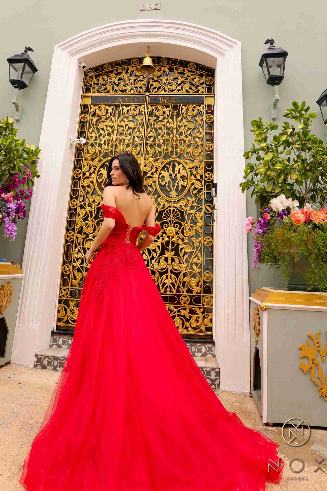 Nox Anabel R1303 Long Off the Shoulder Sweetheart Tulle A-Line Gown DestGlow