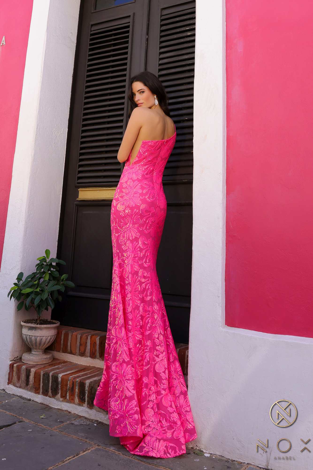 Nox Anabel R1308 Long Sequin Floral Print One Shoulder Mermaid Gown by DiscountDressShop