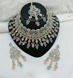 Joban Fashion Pink-Blue Color Stone Work Necklace Set