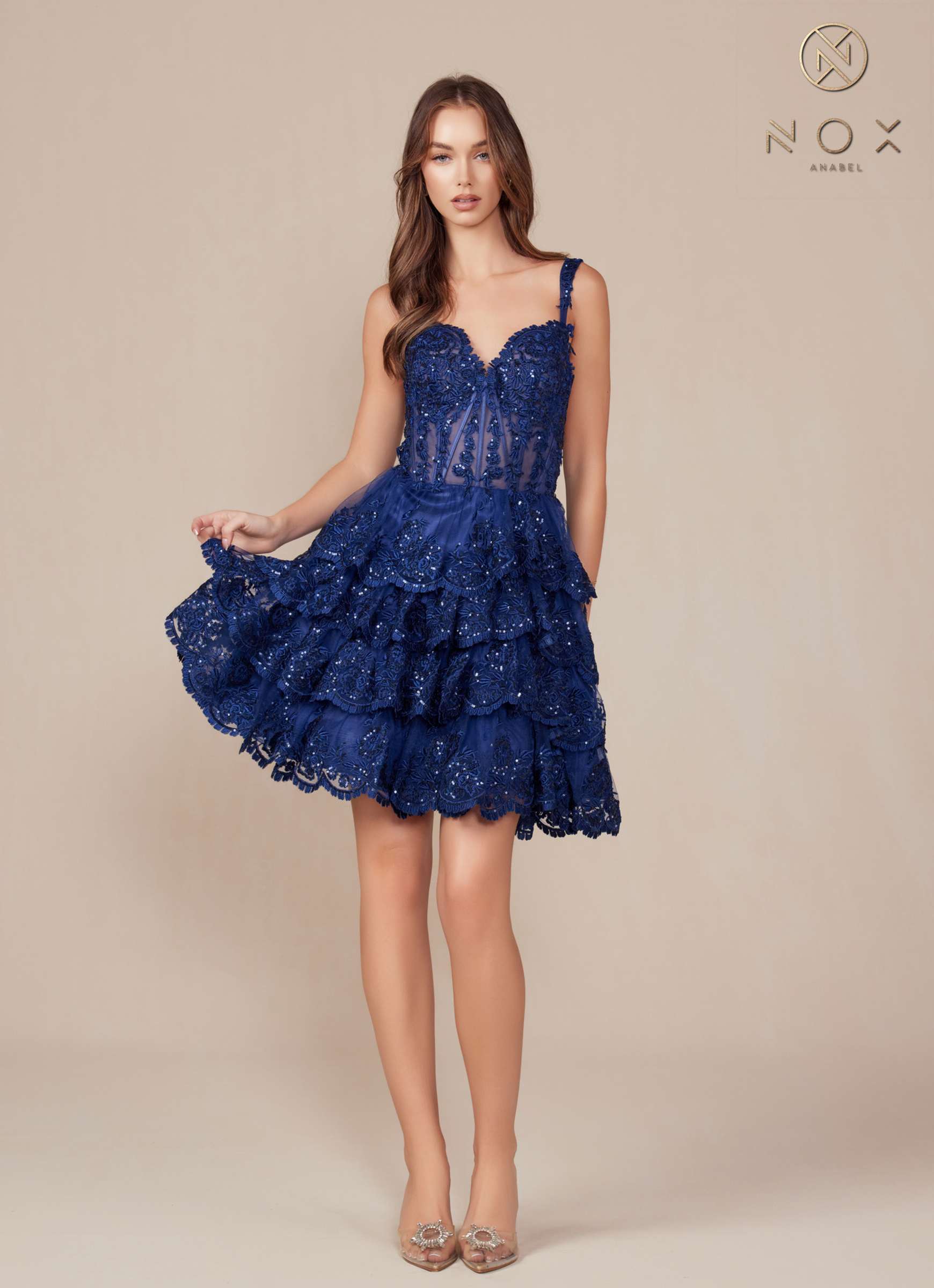 Nox Anabel R880 Dress Short A-Line Tiered Embroidered Skirt by DiscountDressShop