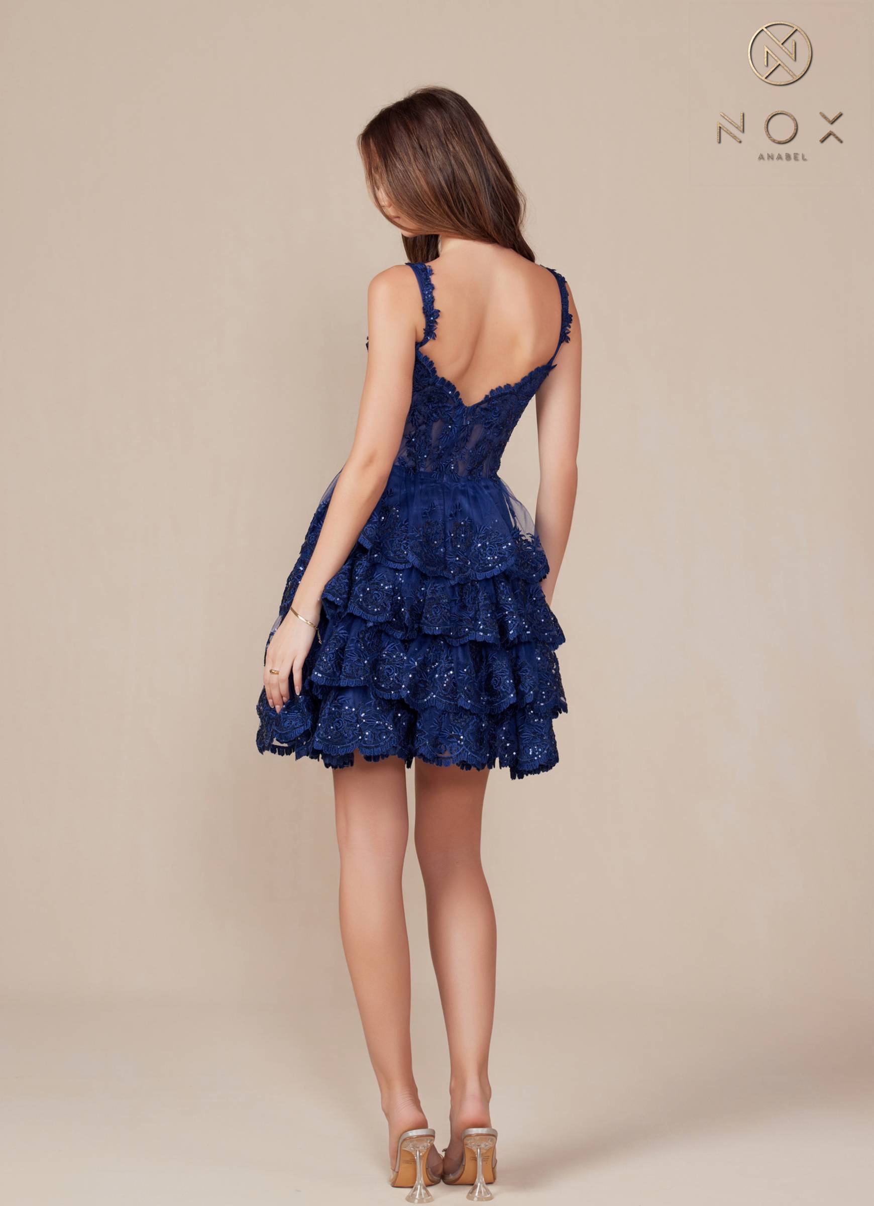 Nox Anabel R880 Dress Short A-Line Tiered Embroidered Skirt by DiscountDressShop