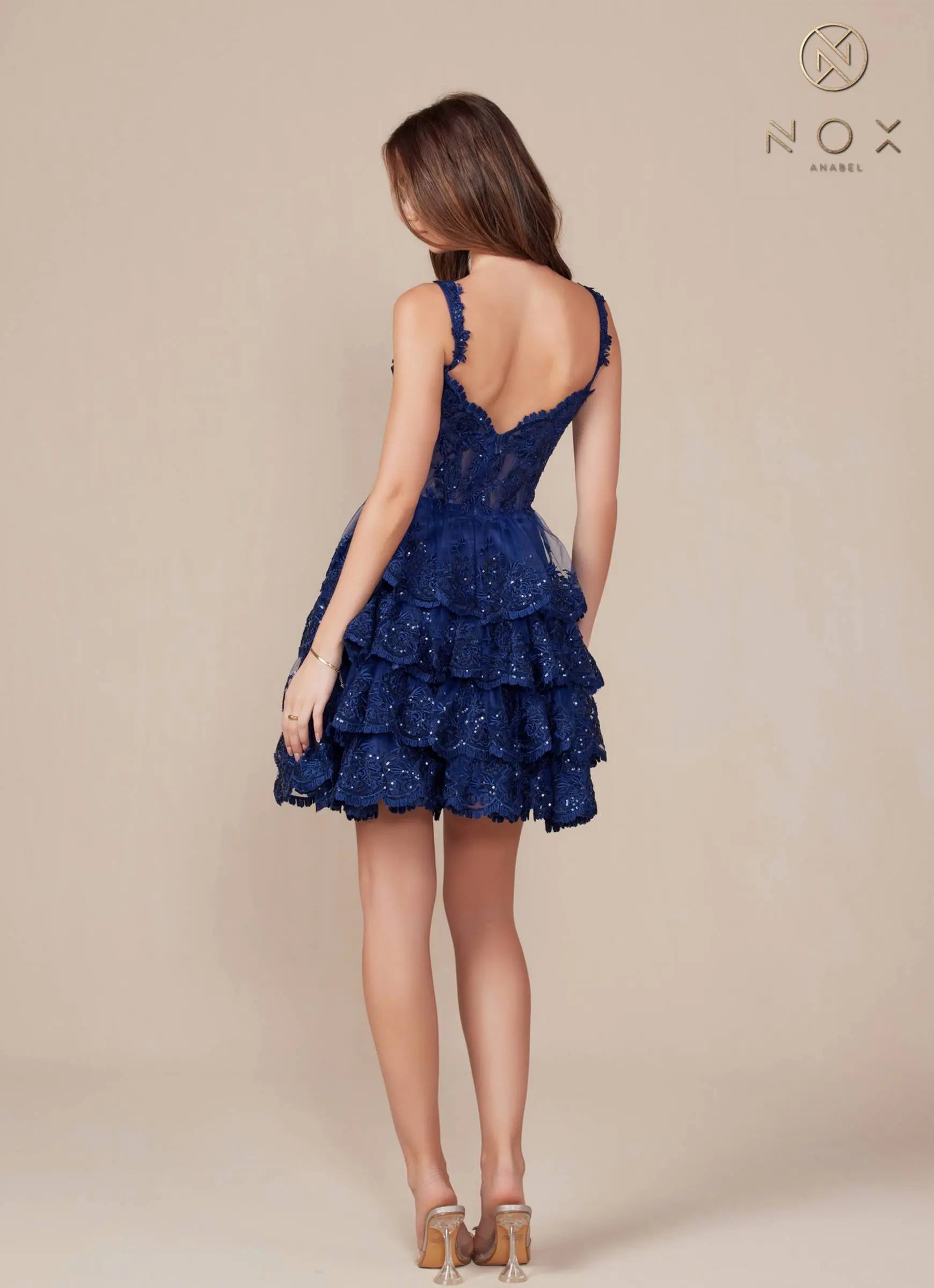 Nox Anabel R880 Dress Short A-Line Tiered Embroidered Skirt by DiscountDressShop