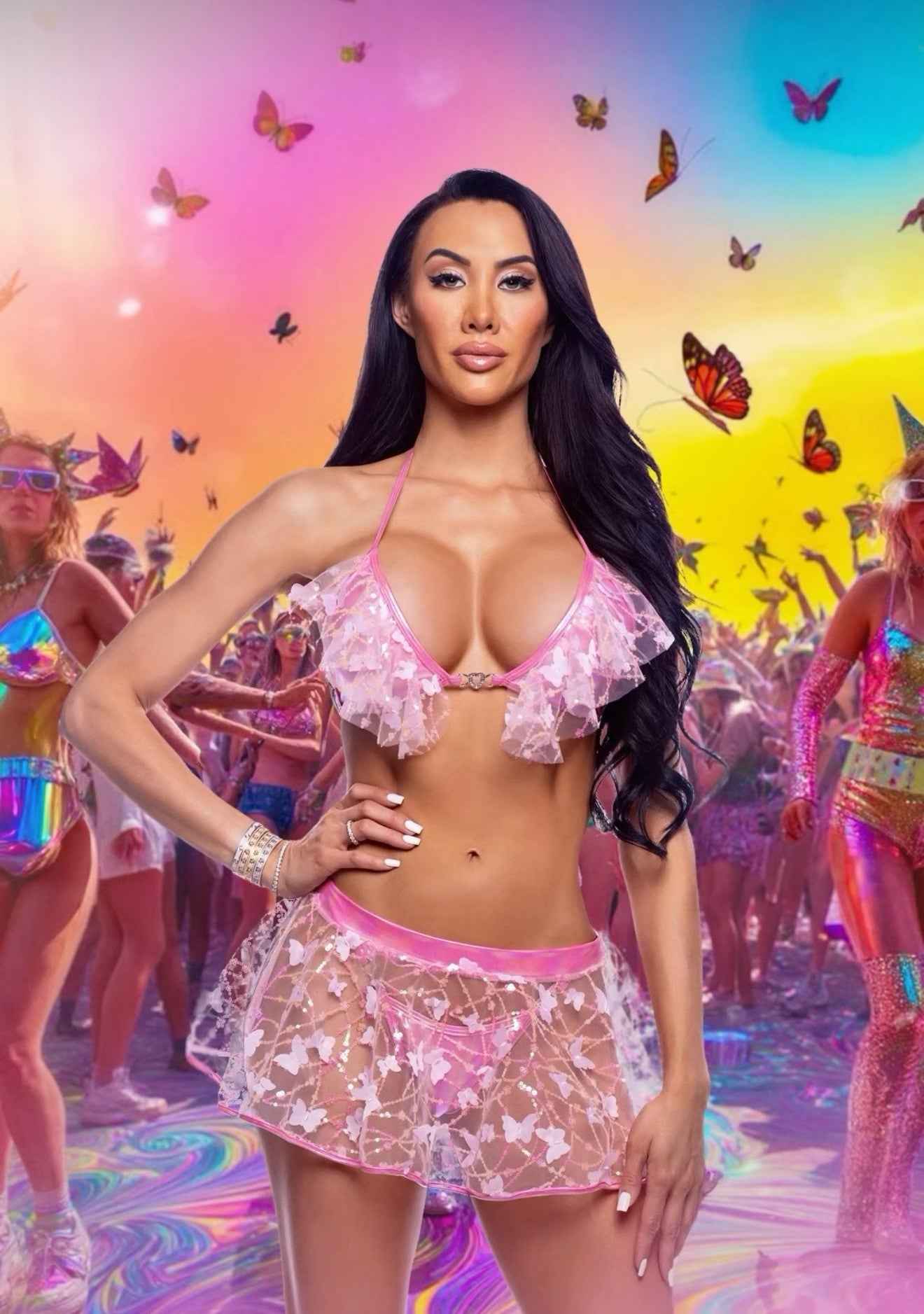 Bikini Top with Butterfly & Sequin Trim & Heart Hardware