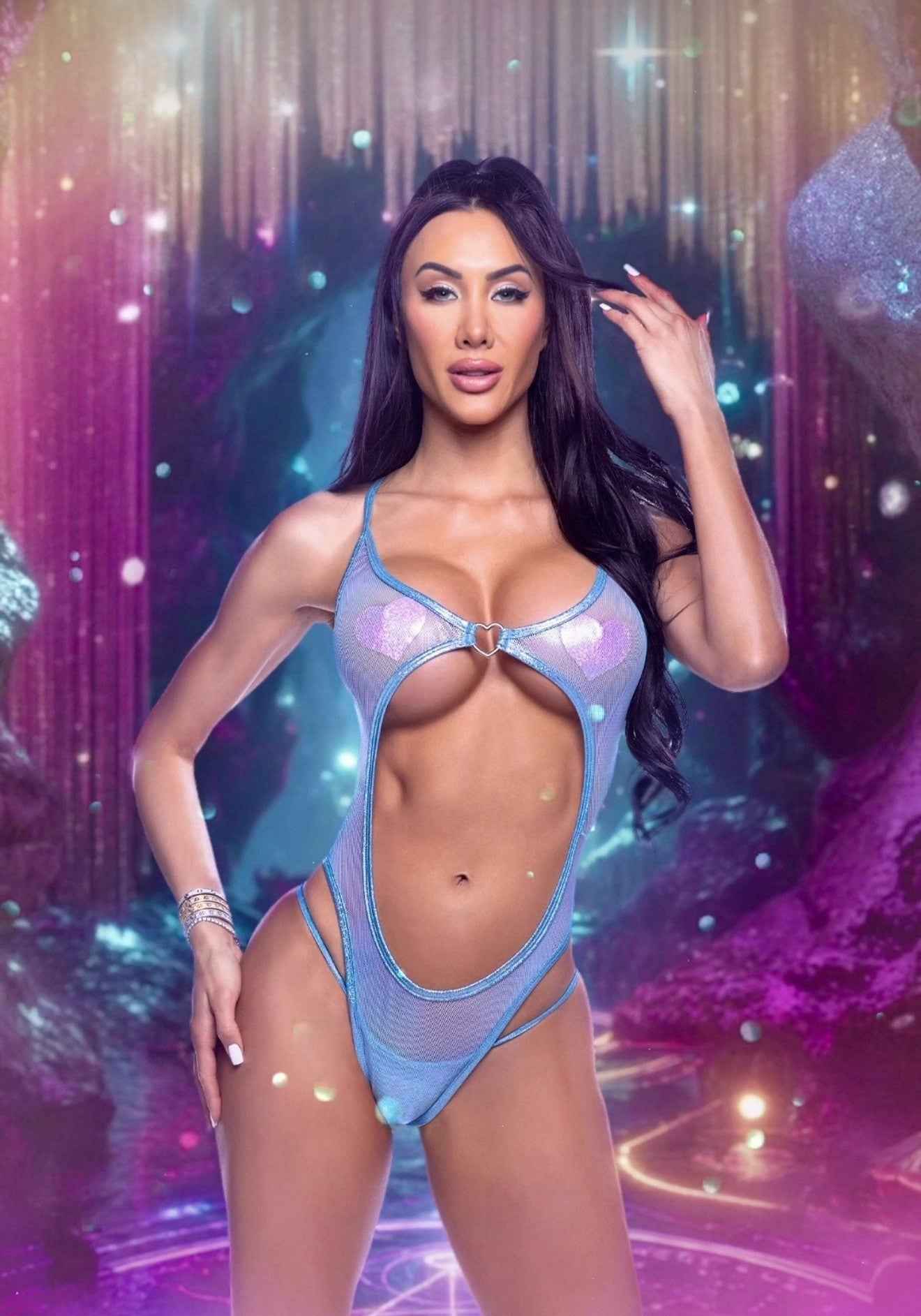 Holographic Fishnet Cutout Romper