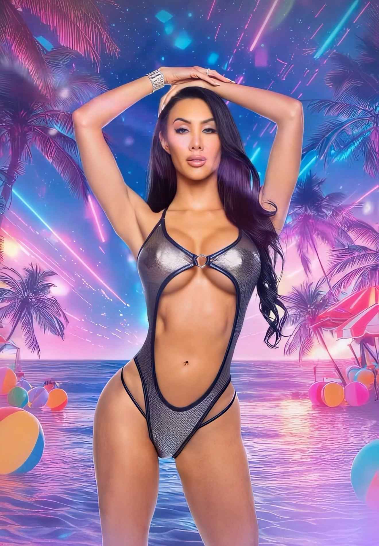 Holographic Fishnet Cutout Romper
