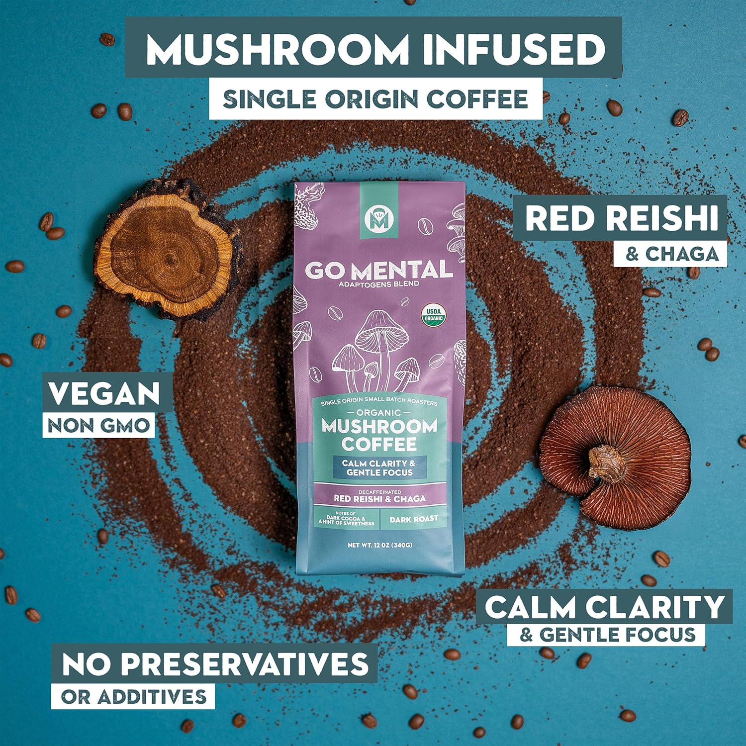 Decaf Red Reishi Chaga Mushroom Coffee Adaptogens Calm Focus