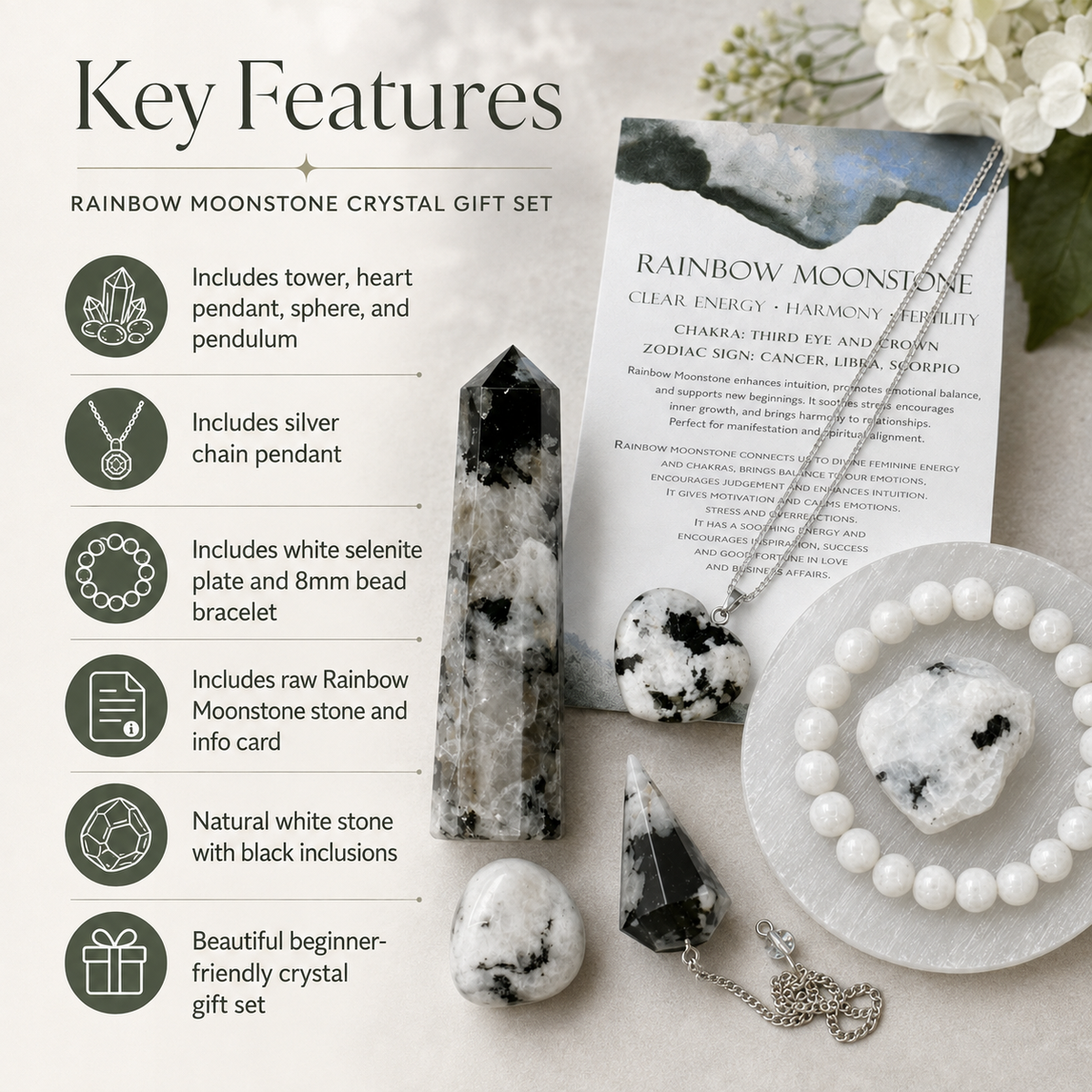 Rainbow Moonstone Crystal Gift Set For Emotional Support and Protection, Real Polished Gemstones. DestGlow